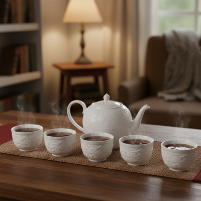 Große weiße Teekanne