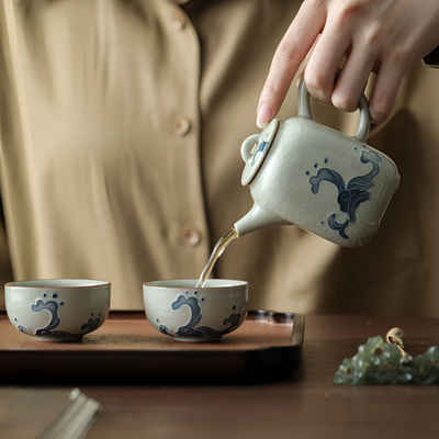 Keramik Teekanne blaue Muster