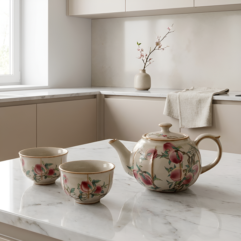 Keramik-Teekanne mit Pfingstrosen