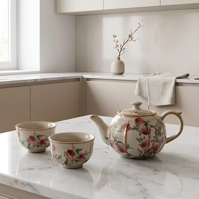 Keramik-Teekanne mit Pfingstrosen