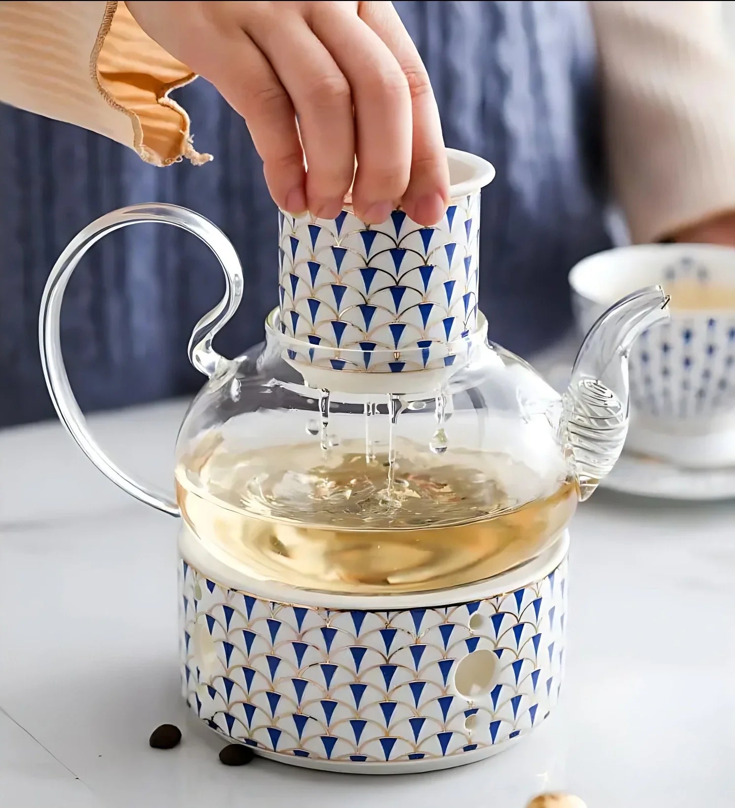 Teekanne Mit Stövchen Blau Weiß