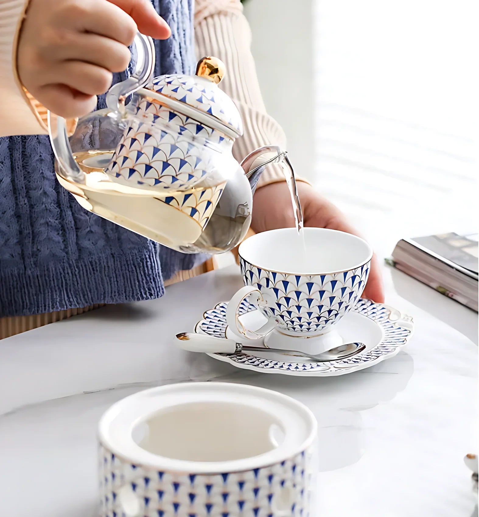 Teekanne Mit Stövchen Blau Weiß