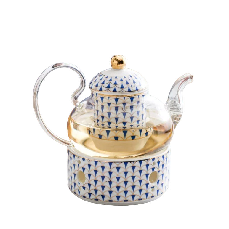 Teekanne Mit Stövchen Blau Weiß