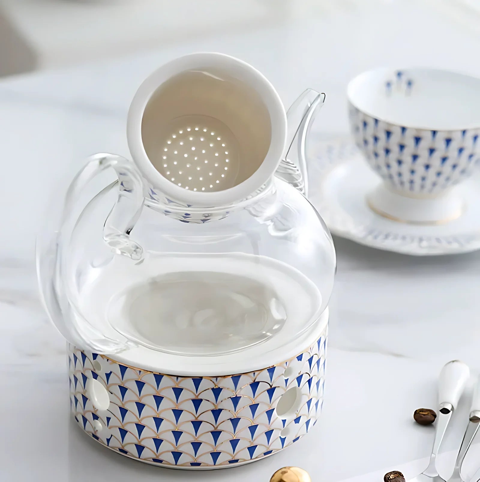 Teekanne Mit Stövchen Blau Weiß