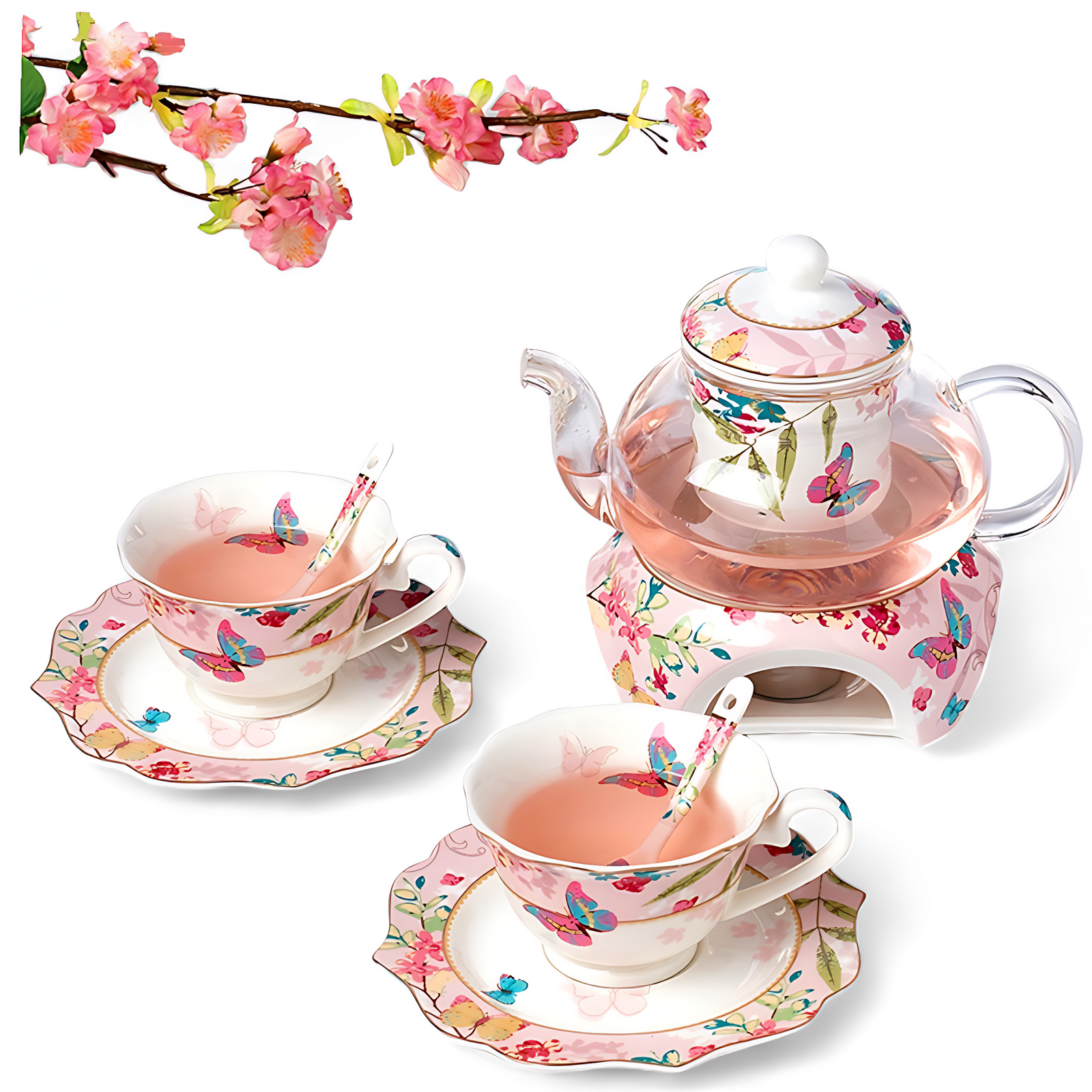 Teeset mit Teekanne Rechaud und Schmetterlingstassen