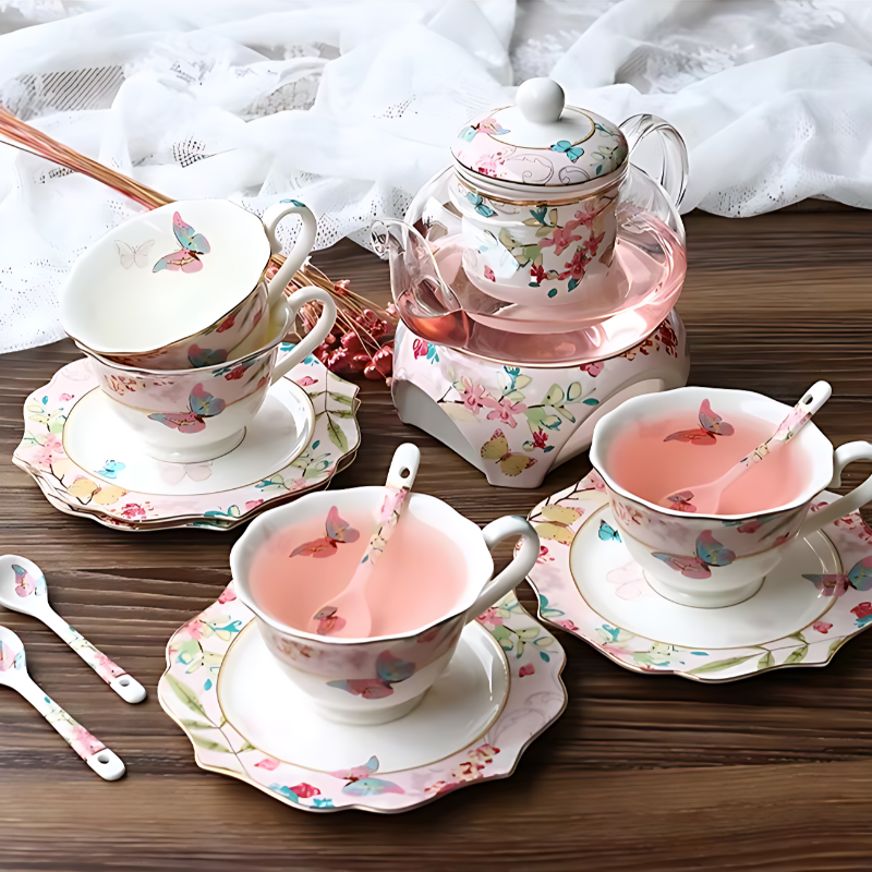 Teeset mit Teekanne Rechaud und Schmetterlingstassen