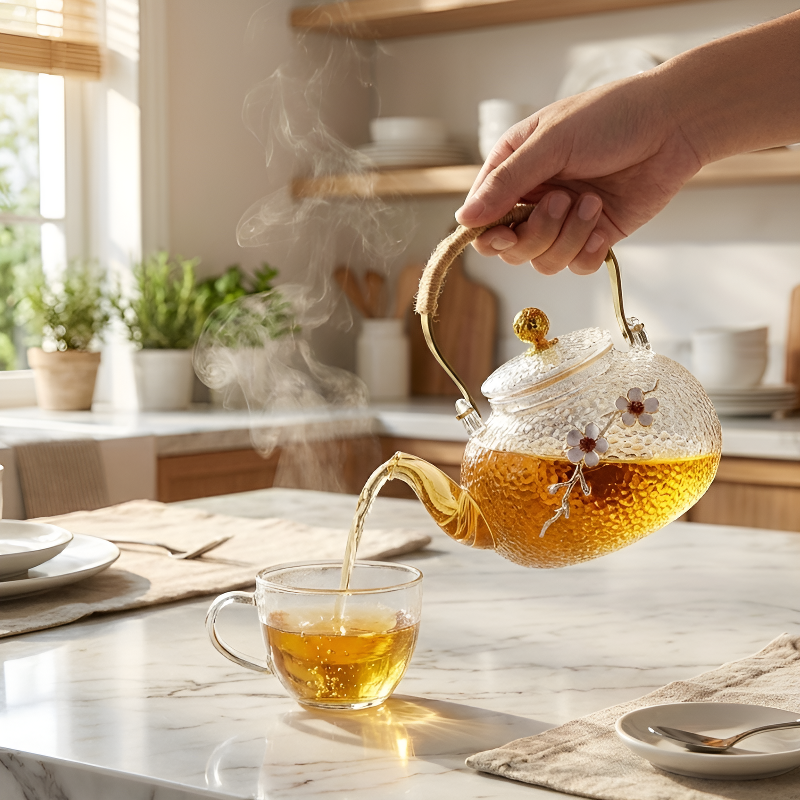 Transparente Teekanne mit Muster