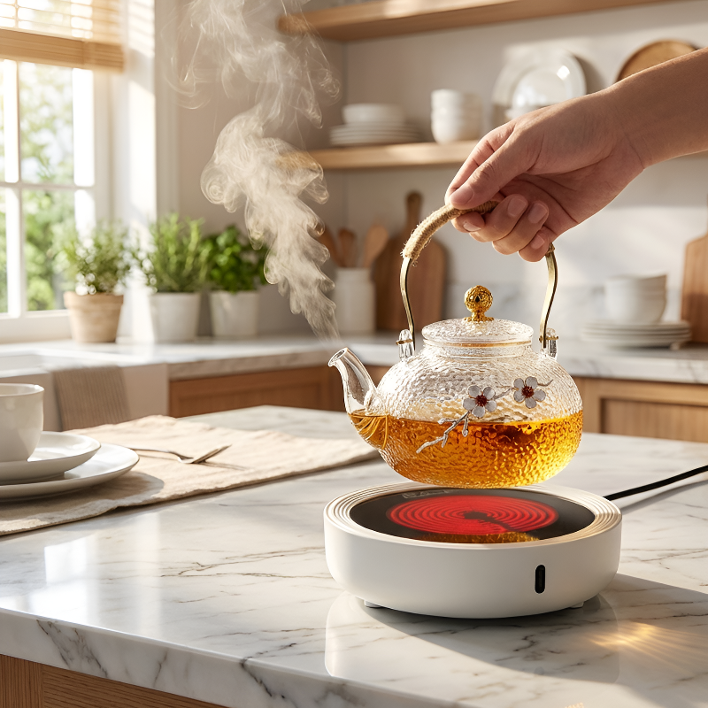 Transparente Teekanne mit Muster