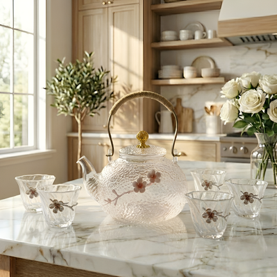 Transparente Teekanne mit Muster
