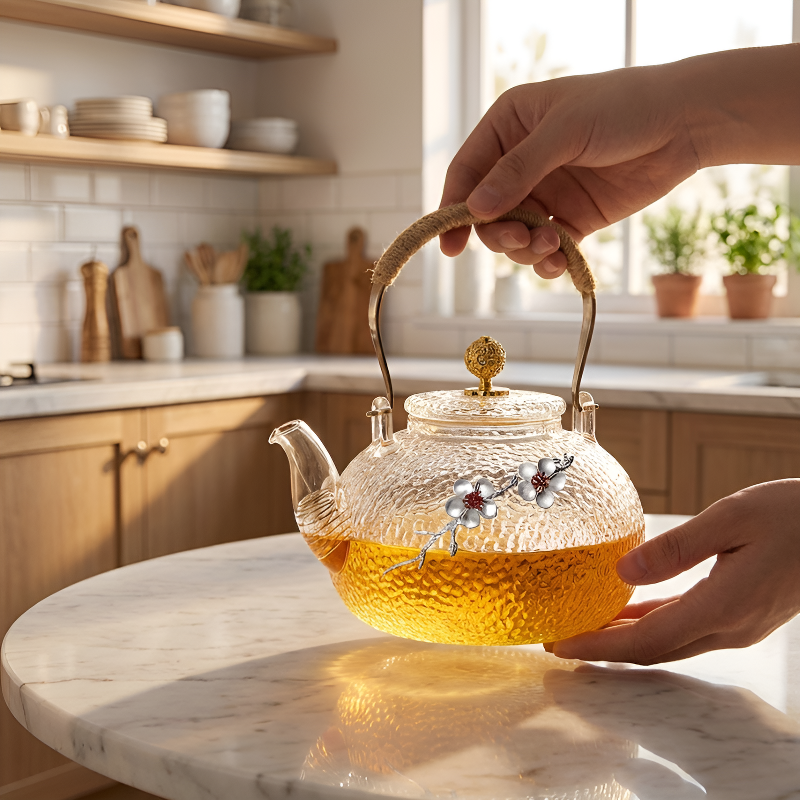 Transparente Teekanne mit Muster