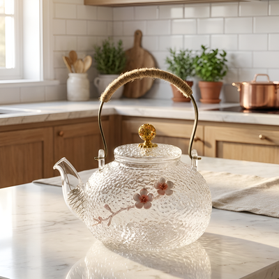 Transparente Teekanne mit Muster