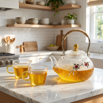 Transparente Teekanne mit Muster